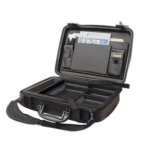 Maleta Seahorse SE710 CC para laptop abierta, con bandeja amortiguadora, organizador de documentos y correa de hombro