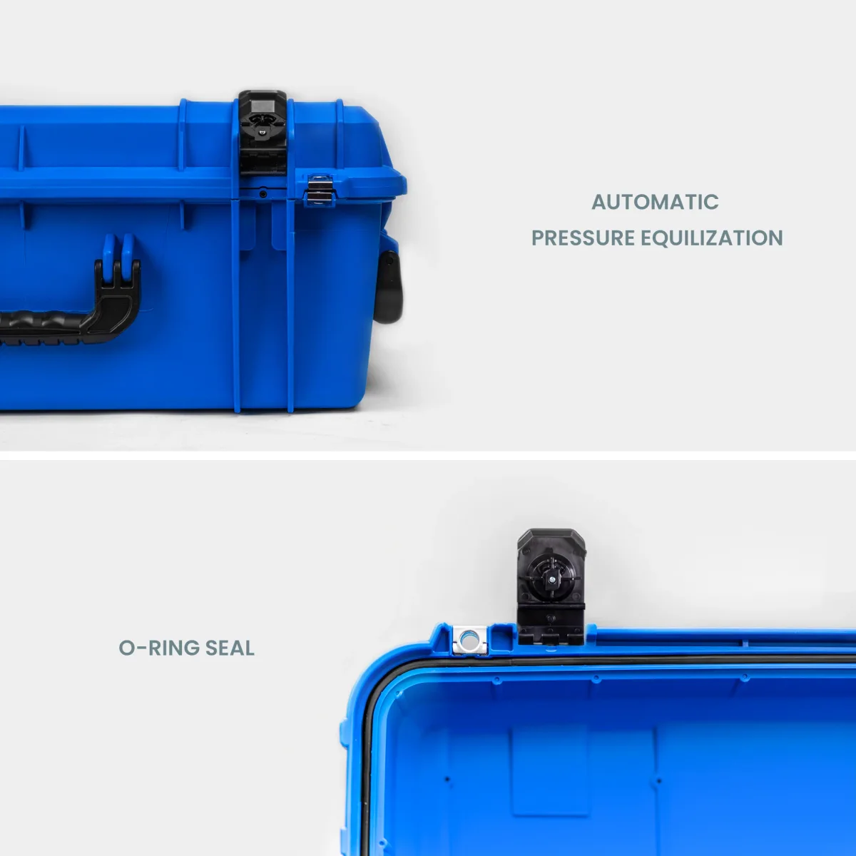 Detalle del o-ring perimetral y la válvula de ecualización automática de presión de la maleta SE920