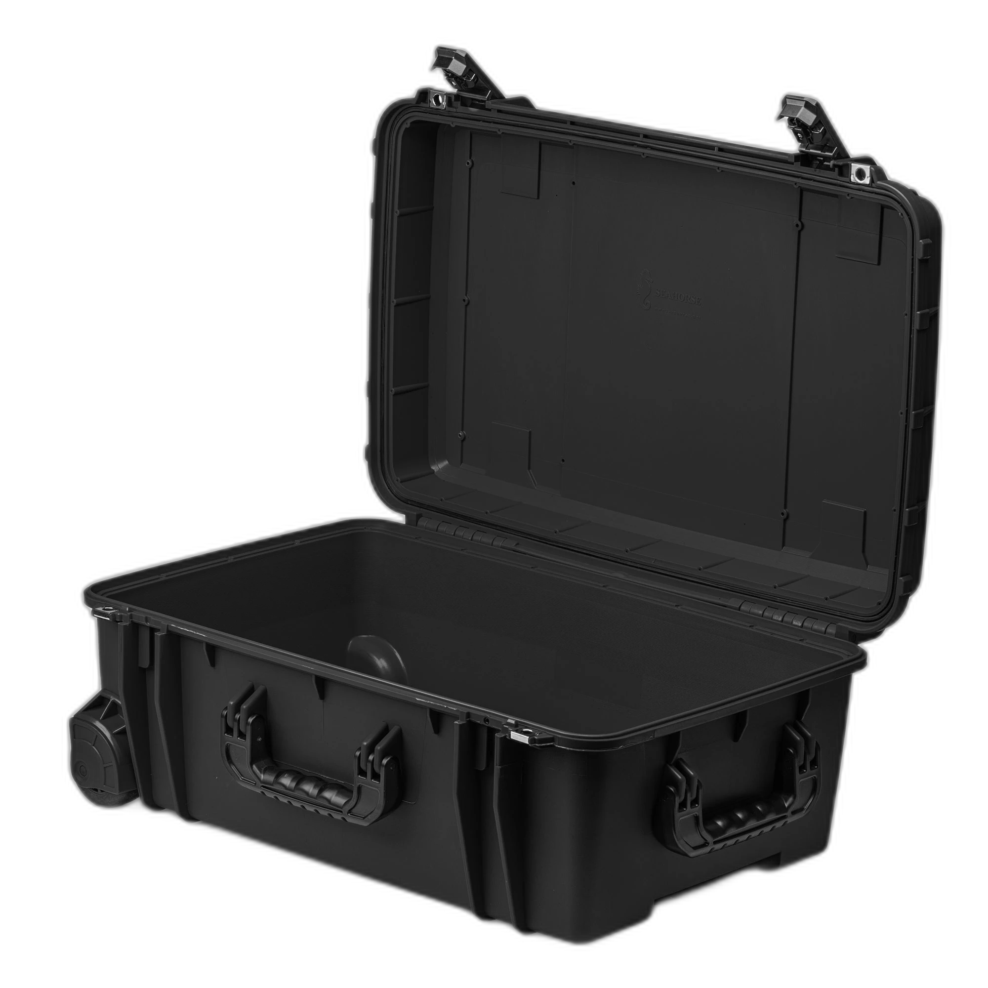 Maleta Seahorse SE920 negra abierta, con espuma AccuformFoam y organizador de tapa de malla